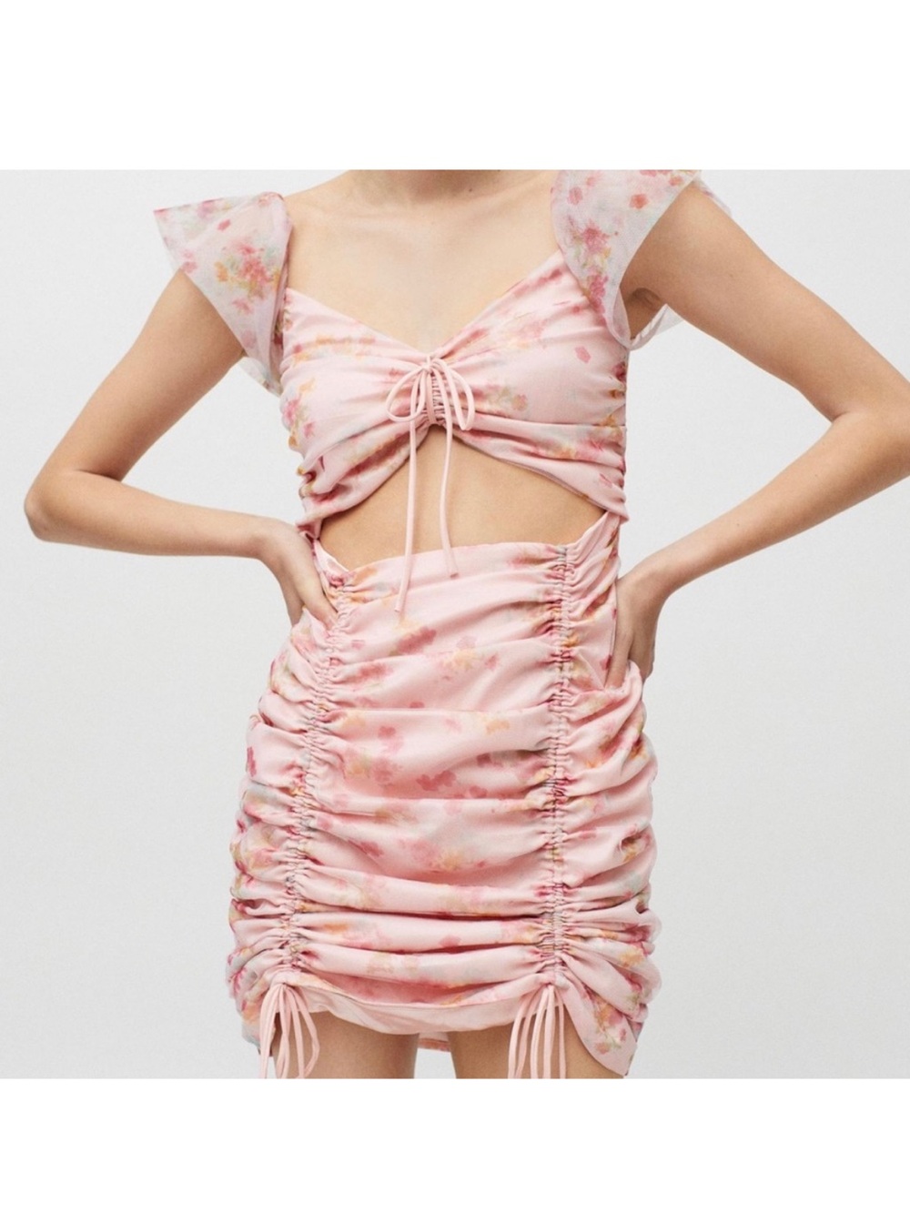 Urban Outfitters Pink Floral Ruched Midi Dress